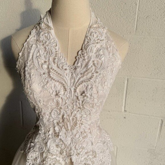 Vintage Jessica McClintock White Princess Beaded Halter Wedding Dress Size 6 - Picture 2 of 10